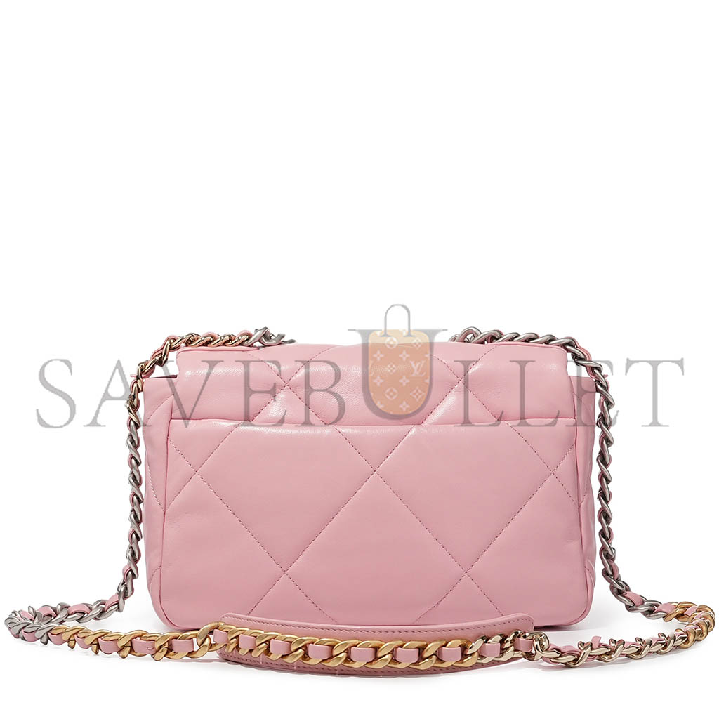 CHANEL BABY PINK QUILTED LAMBSKIN 19 FLAP BAG PALE GOLD AND RUTHENIUM HARDWARE AS1160 (26*16*9cm)